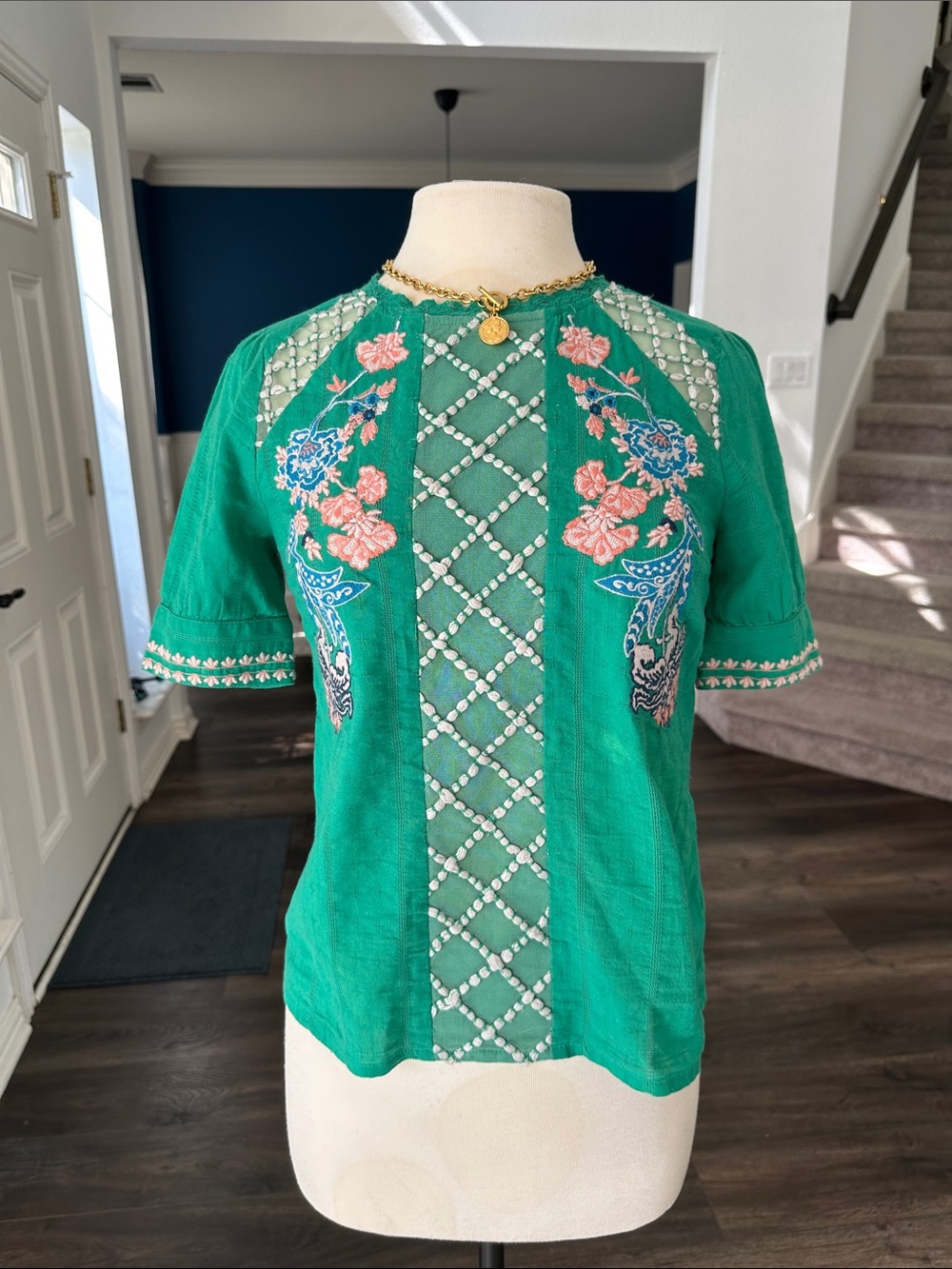 Anthropologie Green Embroidered Floral Short-Sleeve Top